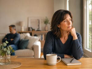 Woman sitting thoughtfully while her partner is emotionally distant in the background